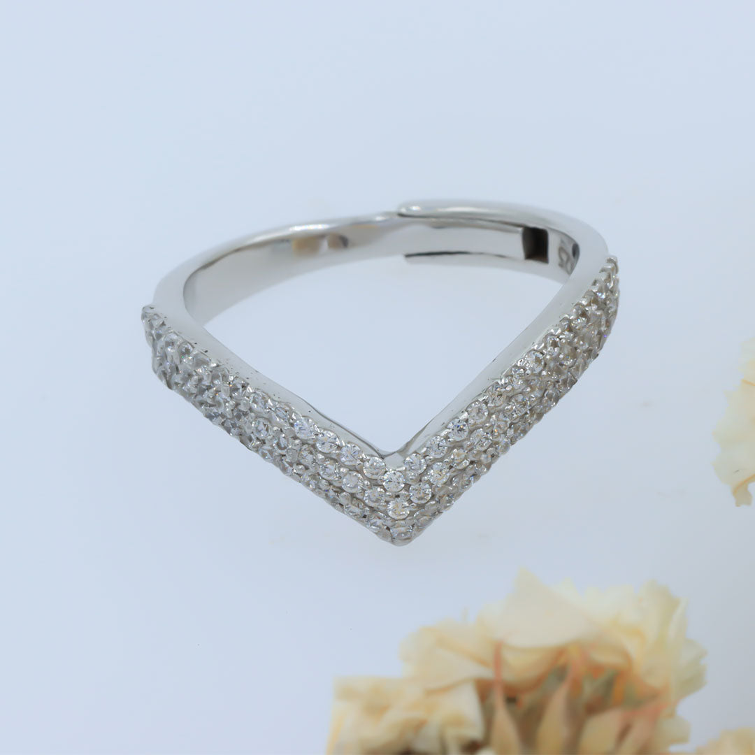 V shape three layer silver diamond adjustable ring