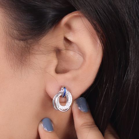 Three round linked silver diamond earring
