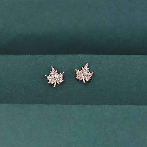 925 Sterling Silver Rose Gold Plated Maple Leaf CZ Stud Earrings