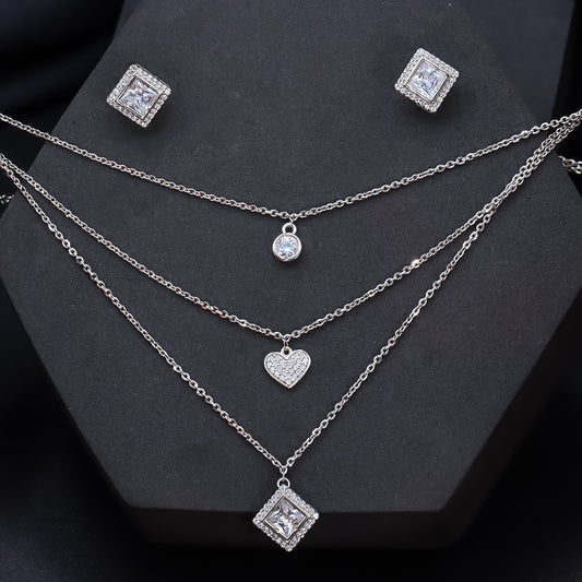 Silver three layered heart with square shape necklace with earring