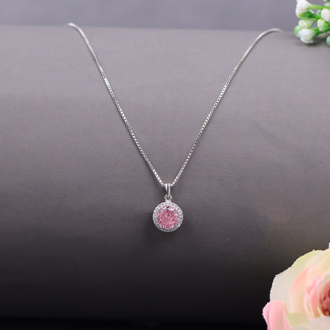 Silver Pink Sapphire Round Shape Pendant With Chain