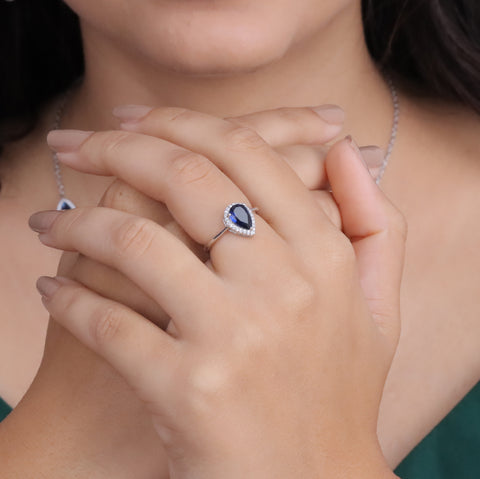 925 Sterling Silver Blue Sapphire Teardrop Jewelry Set for Women