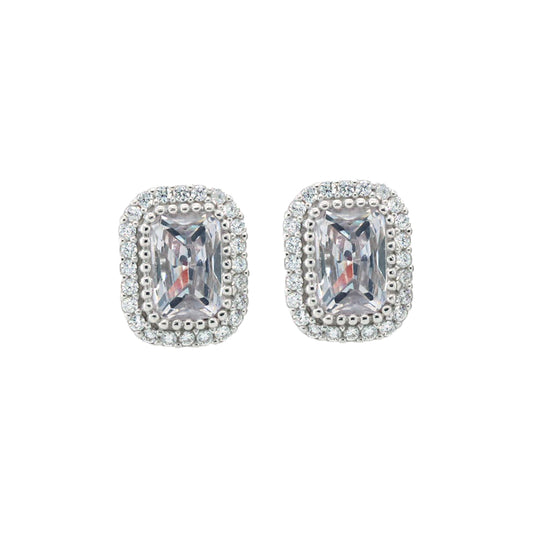 925 Sterling Silver CZ Pearl With Square Shaped Stud Diamond Earring