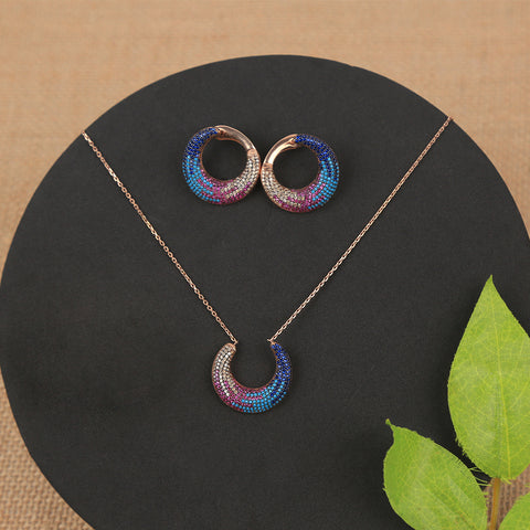 Rose Gold Half Moon Rainbow Multi Color CZ Necklace With Earrings Set