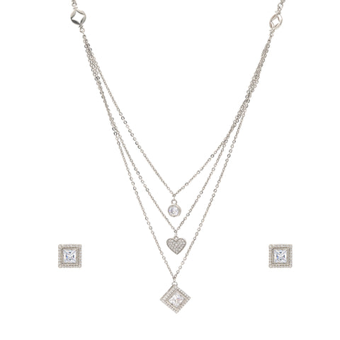 Silver Three Layered Heart With Square Shape Necklace With Earring