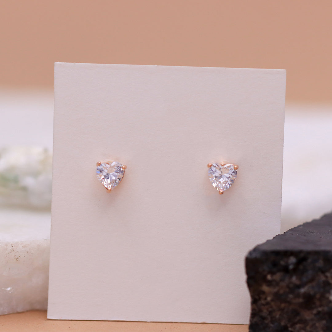 Rose Gold Three Prong Set Heart Earrings