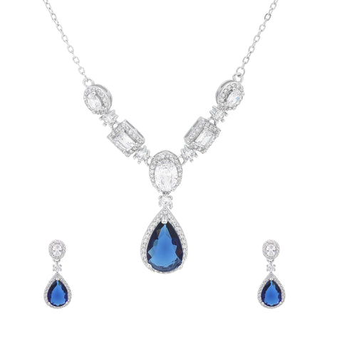 925 Sterling Silver Blue Sapphire Necklace & Earrings Set