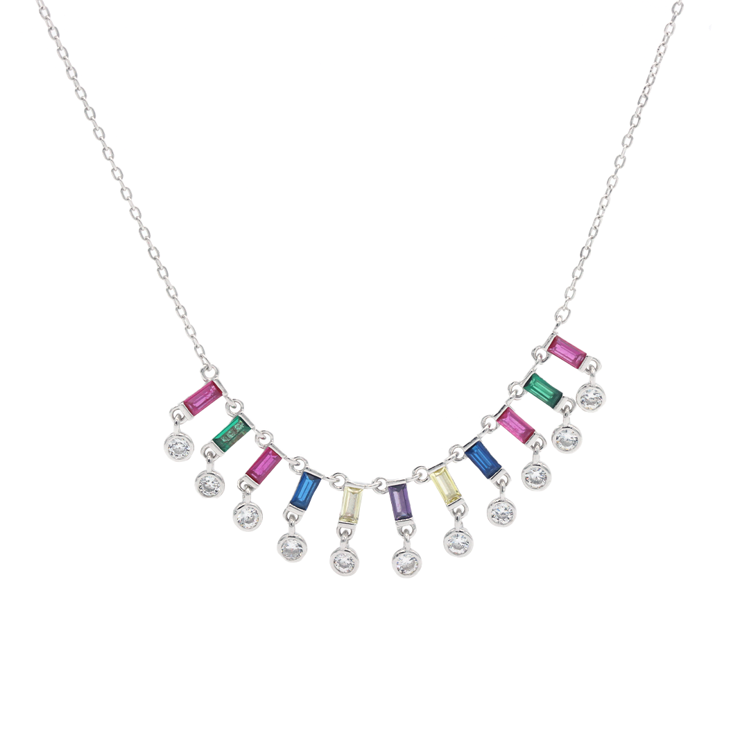 Silver Multicoloured cz baguette necklace - rainbow cz - silver cz drop necklace - gold necklace - rainbow necklace - charm necklace