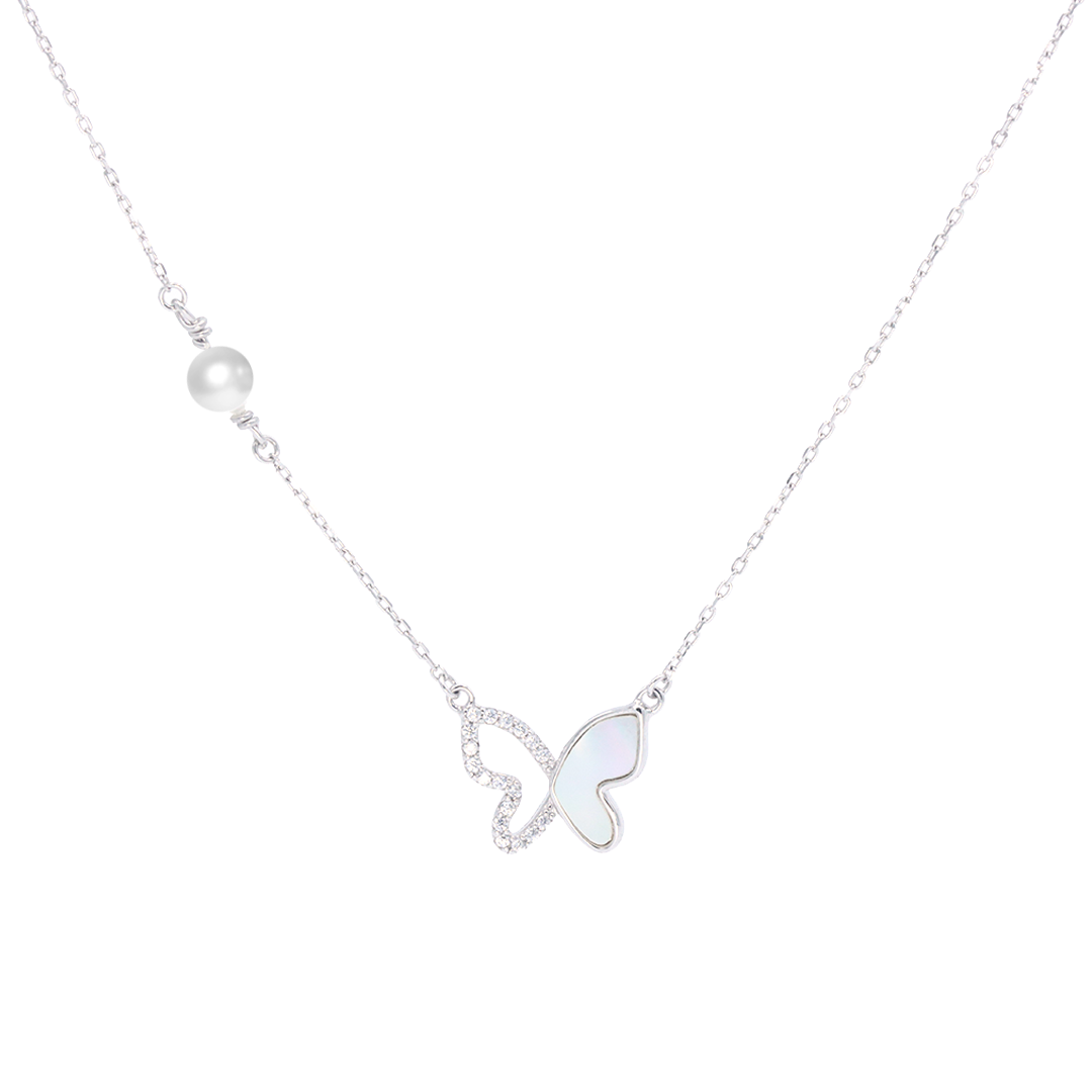 Silver butterfly with mother of pearl diamond pendant with chain