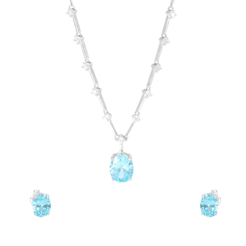 Silver CZ Round Brilliant Station Blue Oval Shape Sapphire Necklace