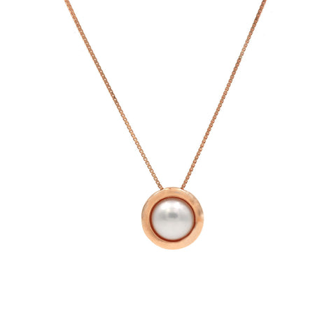 Rose Gold Round Stud Pearl Pendant With Chain