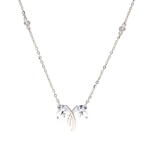 Silver Crystal Bow Cz Pendant With Chain