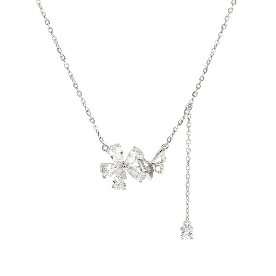 Silver Cz Flower With Butterfly Pendant With Chain