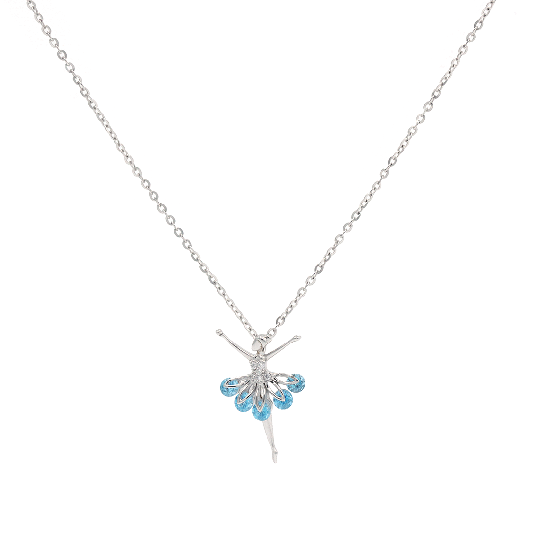 Silver blue diamond dancing doll pendant with chain