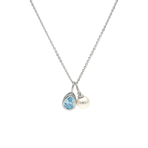 Silver Hanging Pear Shape Blue Sapphire Drop With Pearl Pendant With Chain