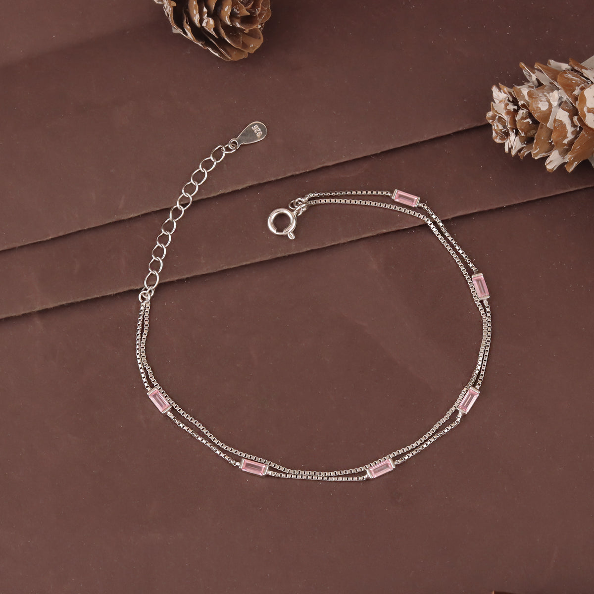 925 Sterling Silver Double Chain Pink Baguette Stone Bracelet for Women