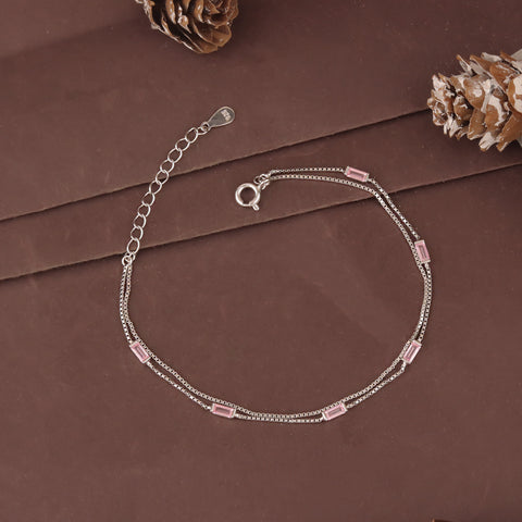 925 Sterling Silver Double Chain Pink Baguette Stone Bracelet for Women