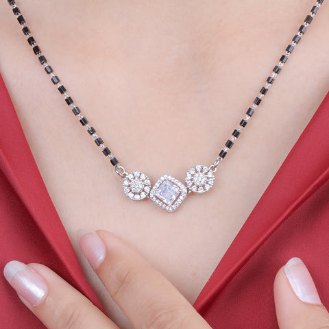 92.5 Silver Dual Round & Square Solitaire Mangalsutra For Women