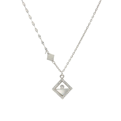 Silver Half Glitter Mother of Pearl With Detail Rhombus Pendant With Chain