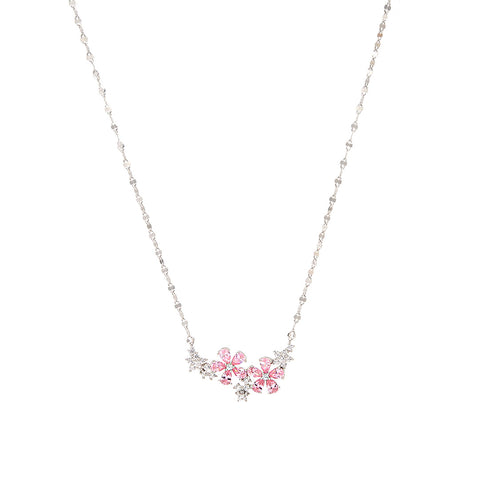 Silver Pink And White Diamond Flowers Pendant With Chain