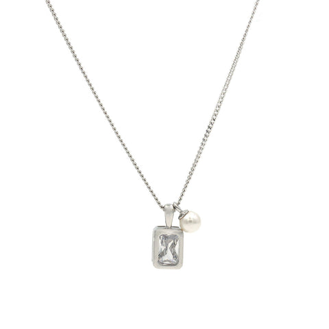 Silver Emerald Cut Square With Hanging Pearl Pendant With Chain