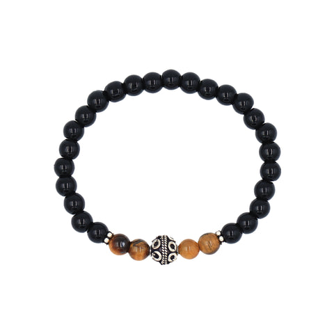 Black Onyx and Tiger Eye Stretch Bracelet in Sterling Silver Bali Beads