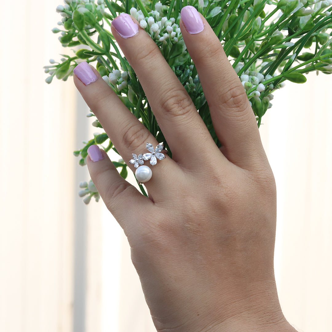 Silver-Toned White Stone Studded Flower Ring