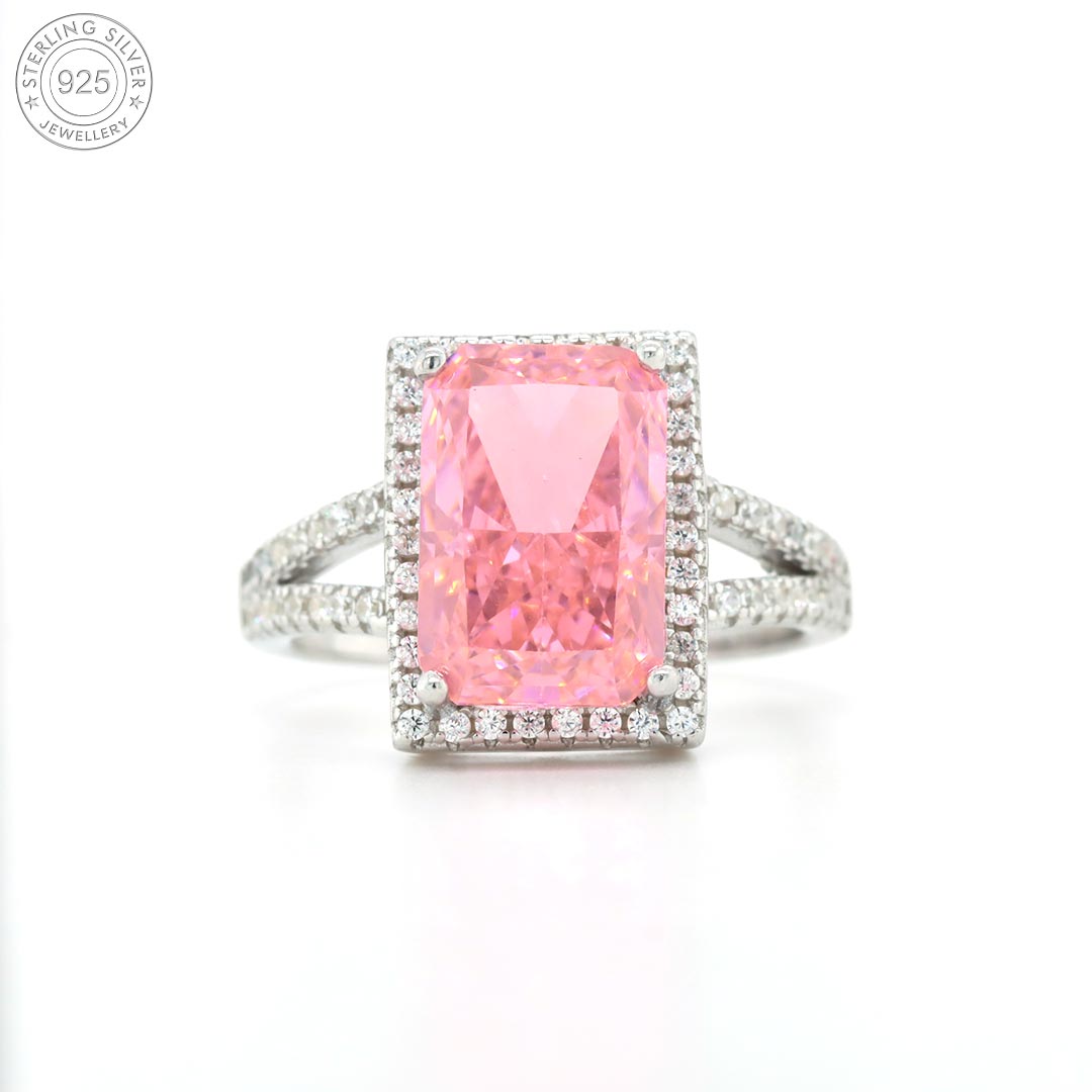 Silver pink sapphire v shape diamond ring