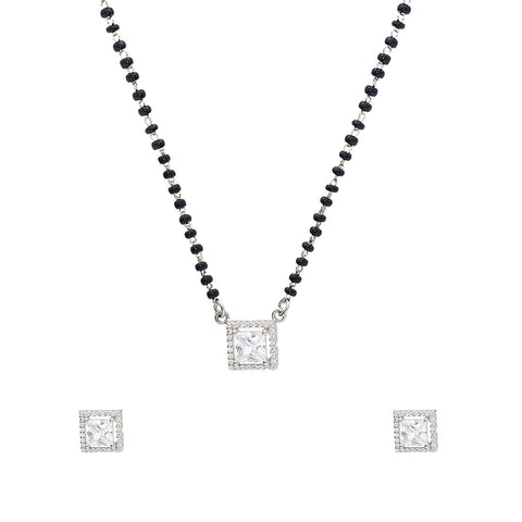 Silver Emerald cut Square Diamond Mangalsutra & Earrings Set