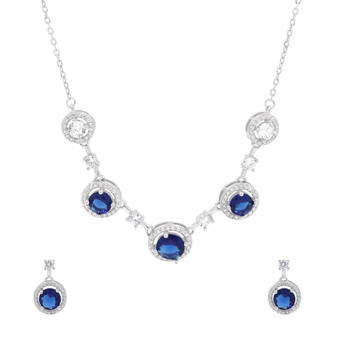 925 Sterling Silver Blue Sapphire CZ Necklace & Earrings Set