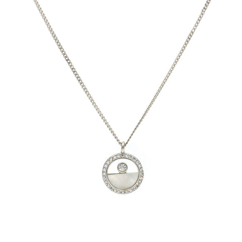 Silver Half Glitter Mother of Pearl With Detail Round Pendant With Chain