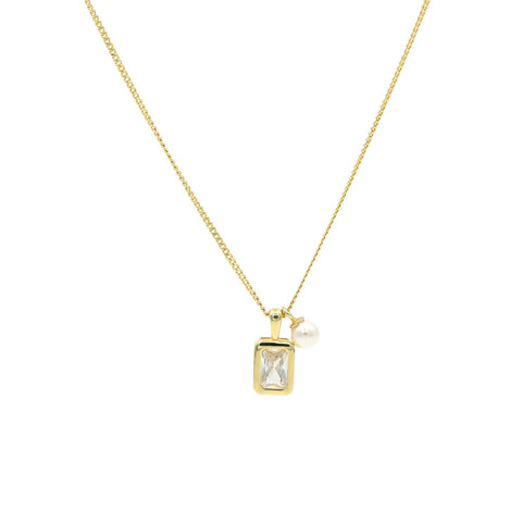 Gold Plated Emerald Cut Square With Hanging Pearl Pendant With Chain