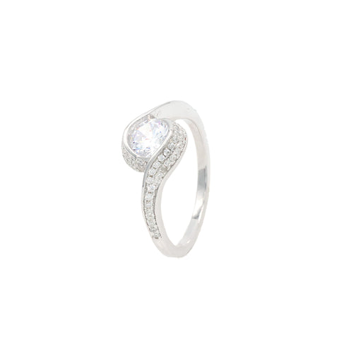 925 Silver Carved Corner Block Wave Diamond Engagement Ring