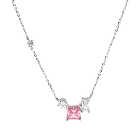 Silver Square Pink and White Sapphire Pendant With Chain