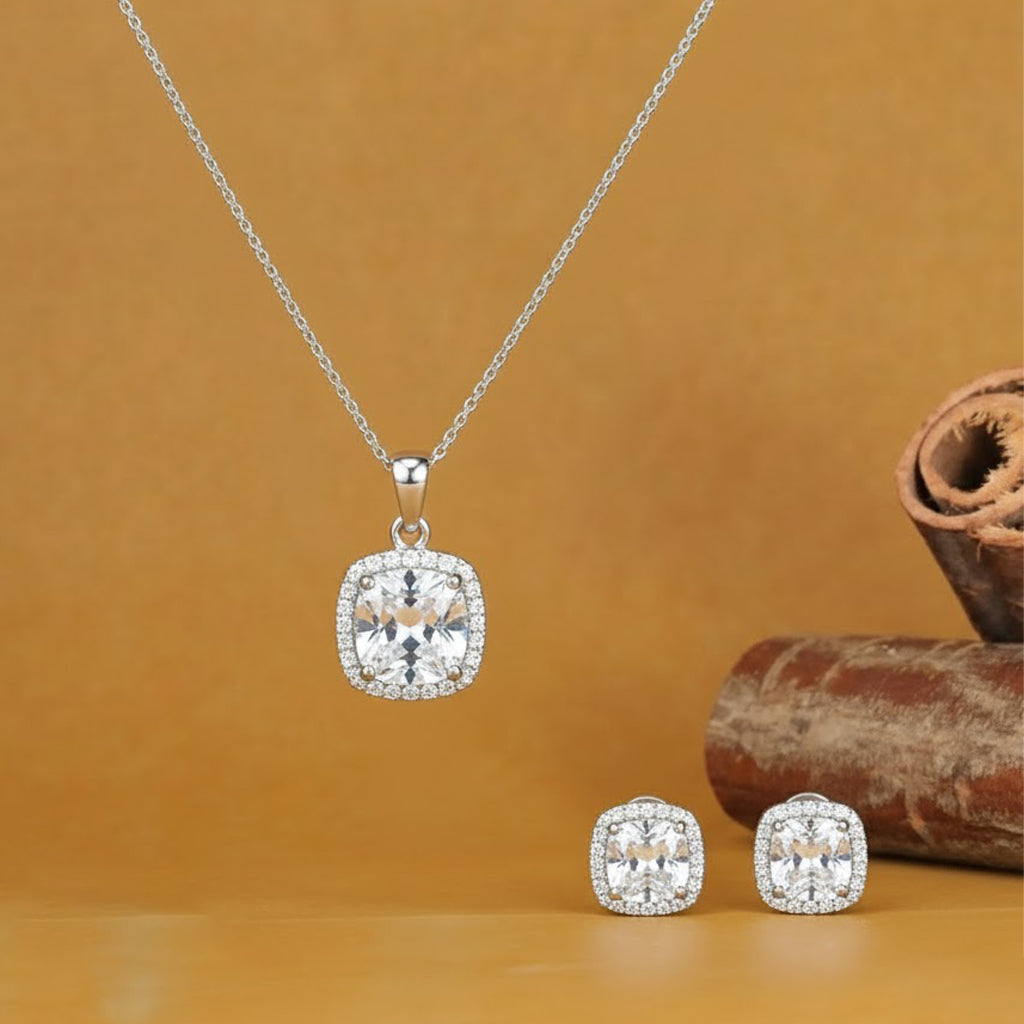 925 Sterling Silver Cushion Cut Pendant & Earrings Set for Women