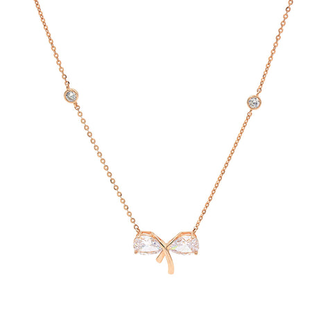 Rose Gold Crystal Bow Cz Pendant With Chain