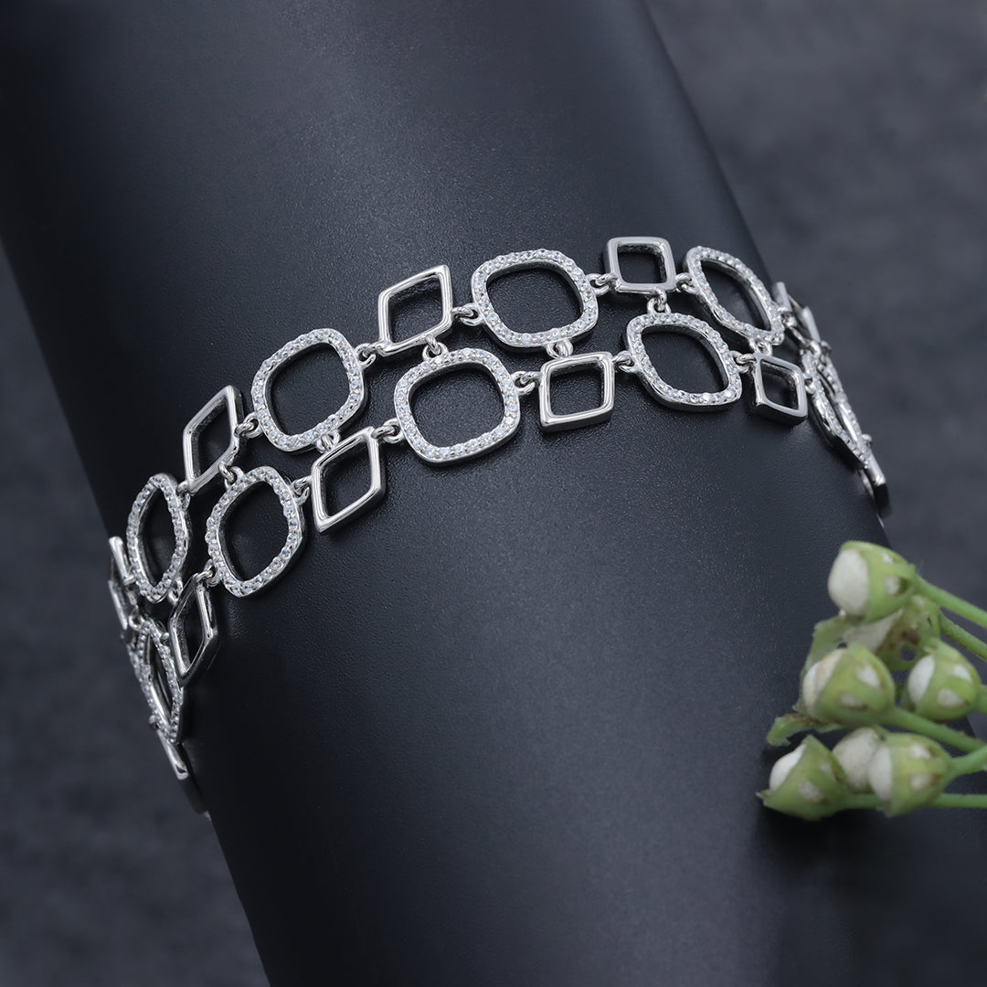 Sterling silver rhombus square diamonds studded link bracelet for women