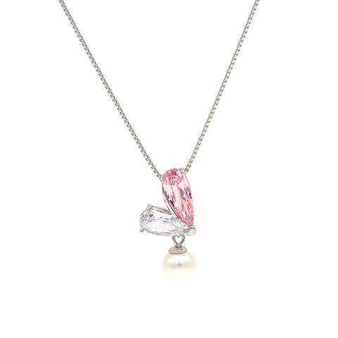 Silver Pink and White Pear Shape Heart Sapphire and Hanging Pearl Pendant With Chain