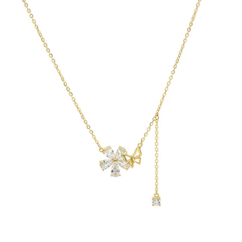 Gold Plated Flower With Small Butterfly Pendant With Chain