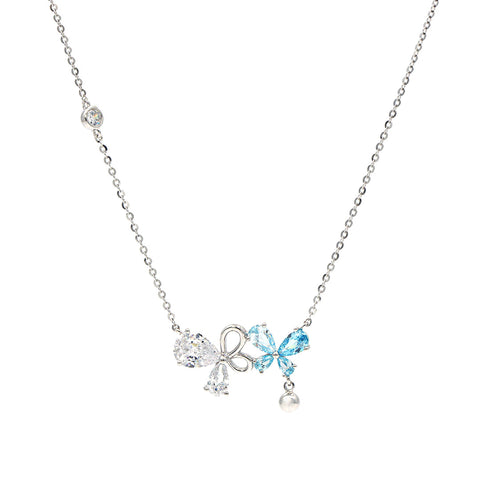 Silver Cubic Zirconia With Blue Dual Butterfly Pendant With Chain