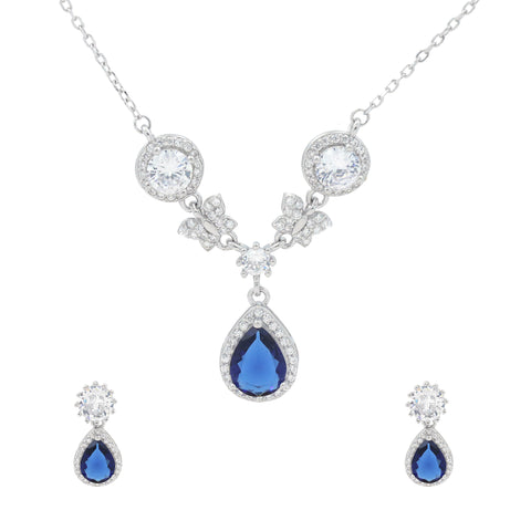 925 Sterling Silver Sapphire Teardrop CZ Necklace & Earrings Set