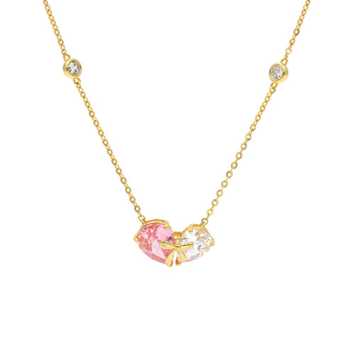 Gold Plated Pink and White Sweet Heart Bow Pendant With Chain