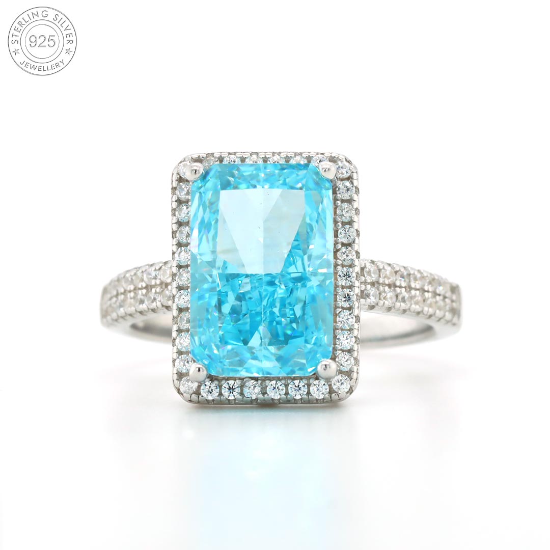Silver blue sapphire square bar diamond ring