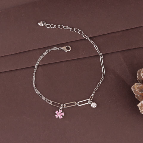 925 Sterling Silver Dual Chain Flower Charm Bracelet for Women