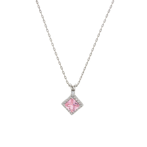 Silver Rhombus Shape Pink Sapphire Pendant With Chain