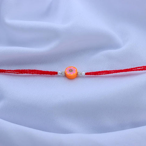 Orange Round Flower With Silver Beads Rakhi for Kids