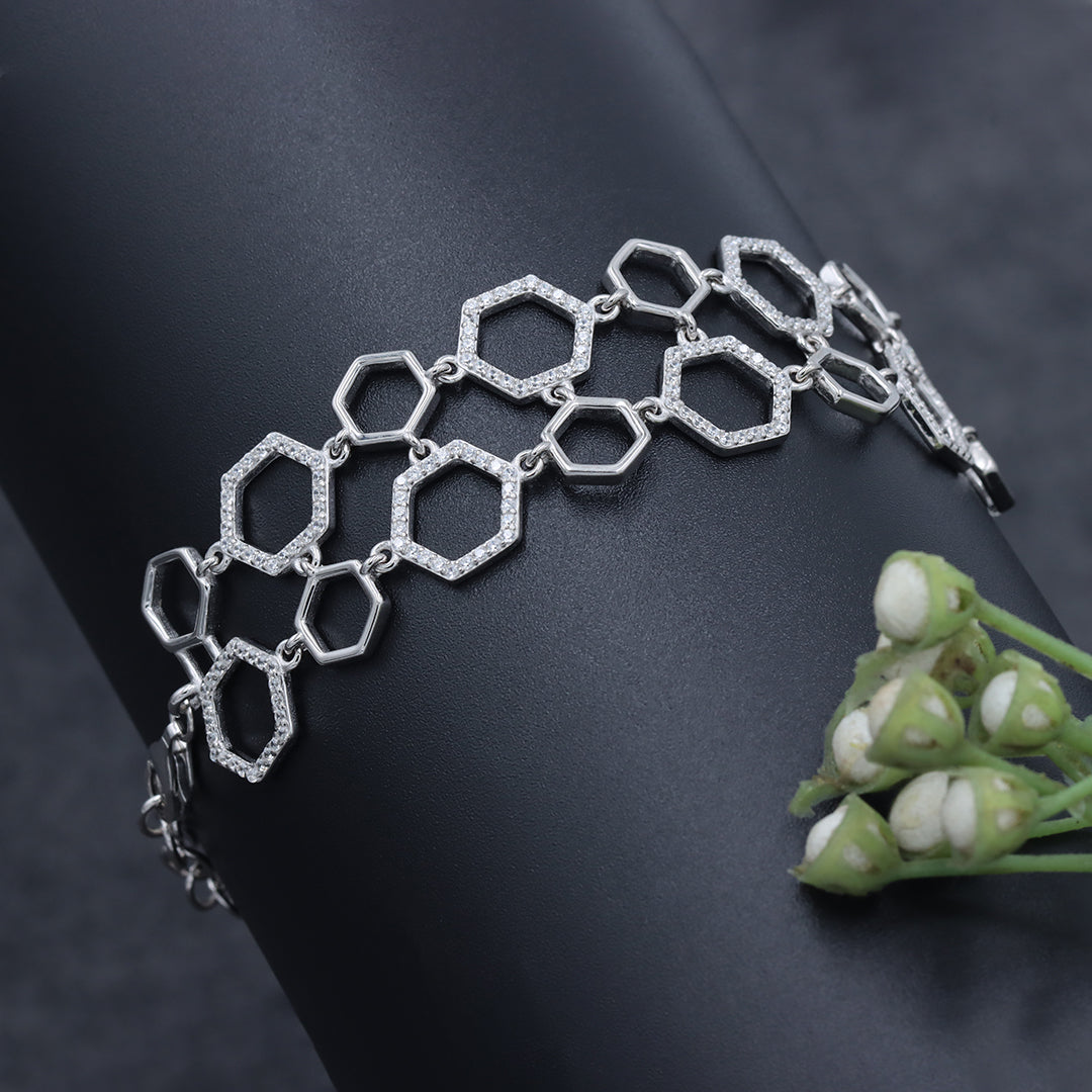 Silver Hexagon Link Double Layer  Bracelet