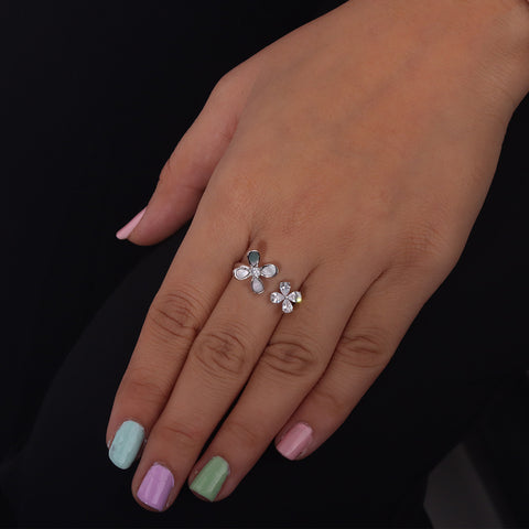 flower with White Stone-Studded Adjustable Finger Ring