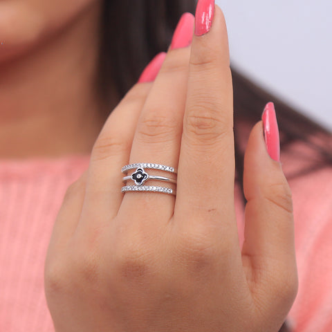 Sterling Silver Three Row  With Black Flower Adjustable Ring