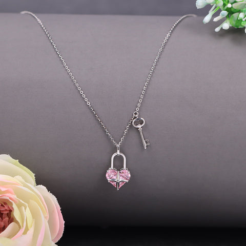 Silver Pink Sapphire Heart Shape Lock With Key Pendant With Chain